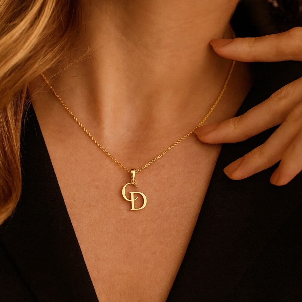 Gold necklace with a pendant worn by a person